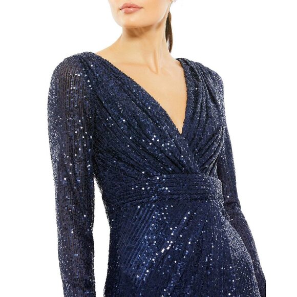 Mac Duggal V-Neck Long Sleeve Sequined Midi Dress in Midnight Navy Size 12 - Picture 4 of 12